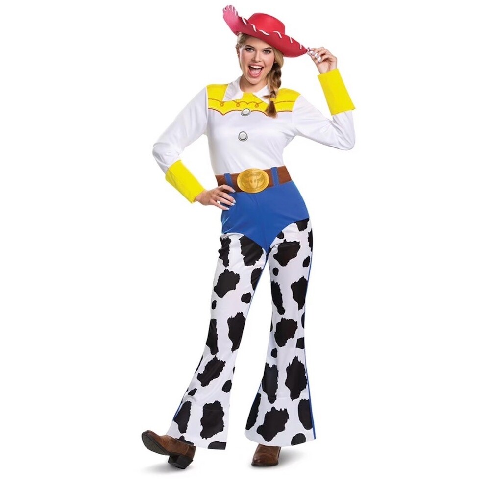 Disney Toy Story Jessie Costume Womens Small Cow Print Jumpsuit Hat 2pc